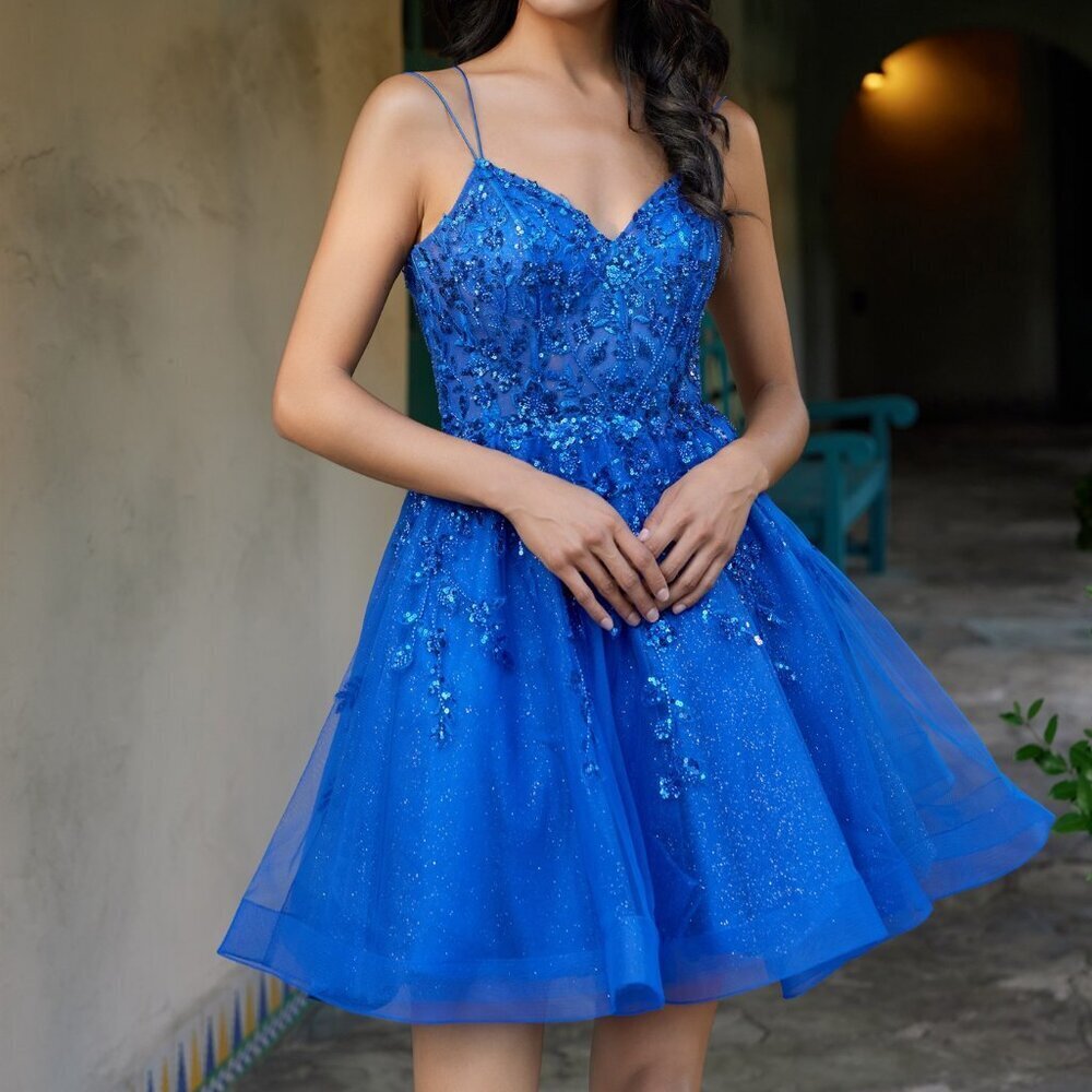 New Royal Blue Fit & Flare Homecoming Gown w/ Lace Up Back & Floral Motif JT988N